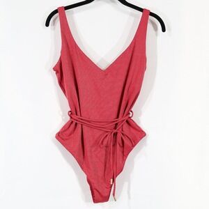 AQUA Swim Plunge One-Piece Swimsuit Women L Pink Gold Shimmer Tie Waist $108 NWT